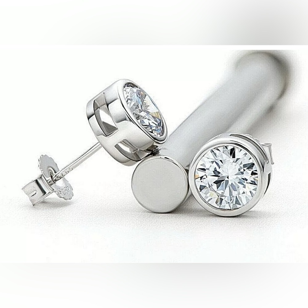 4.00 Ct Round Cut VVS1/D Bezel Lab Stud Earrings 14k White Gold 7mm Push Back